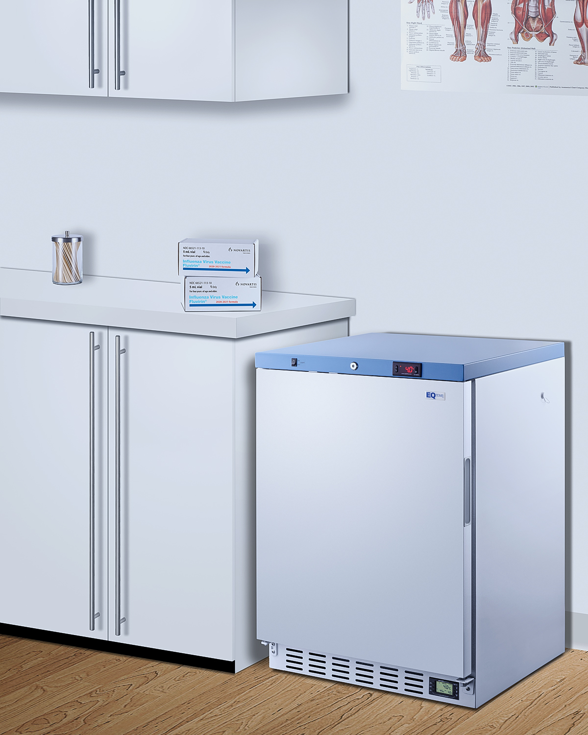 Undercounter healthcare all-refrigerator with self-closing door, front lock, digital controls, and external temperature readout